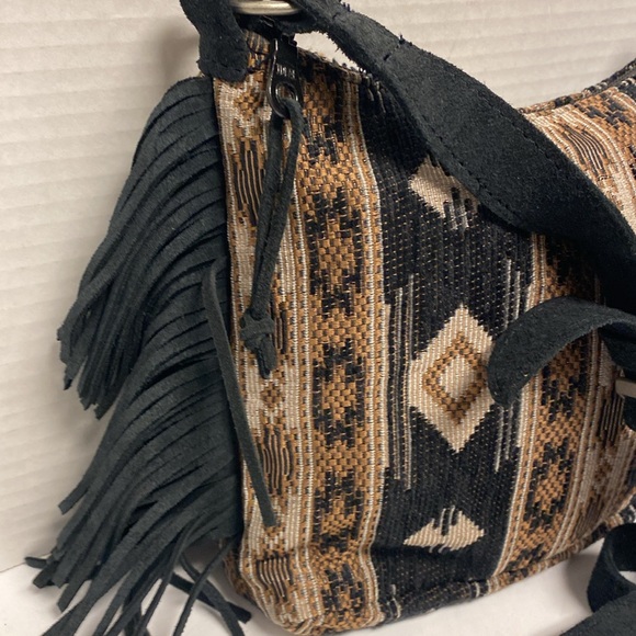 MINNETONKA Baja Western Jacquard Boho chic Suede Fringe Crossbody Bag - Picture 2 of 8